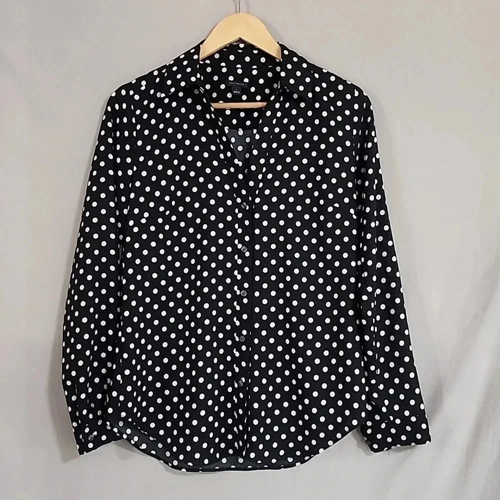 Ann Taylor Polka Dot Long Sleeve Button Down Blouse Black White Small